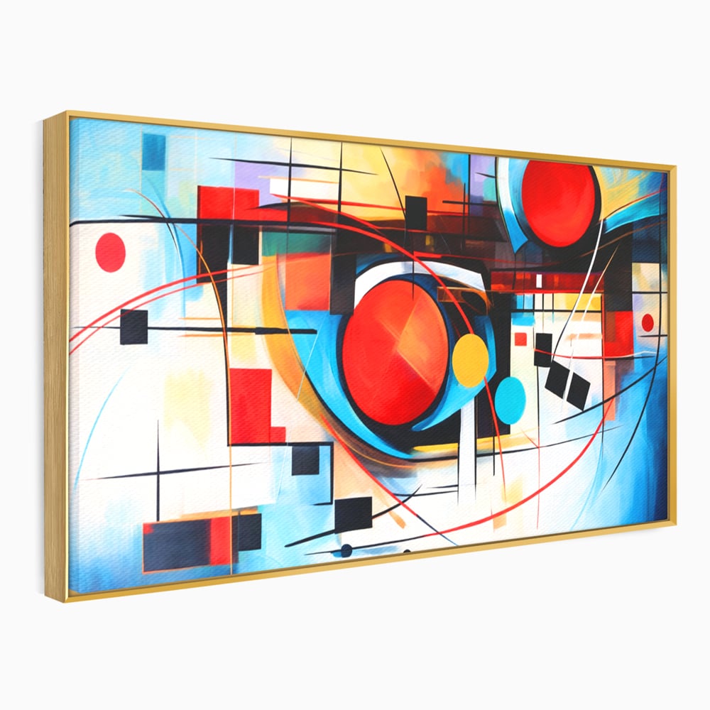 Tablou canvas cu pictura abstracta cu cercuri si linii, in rama de aluminiu auriu